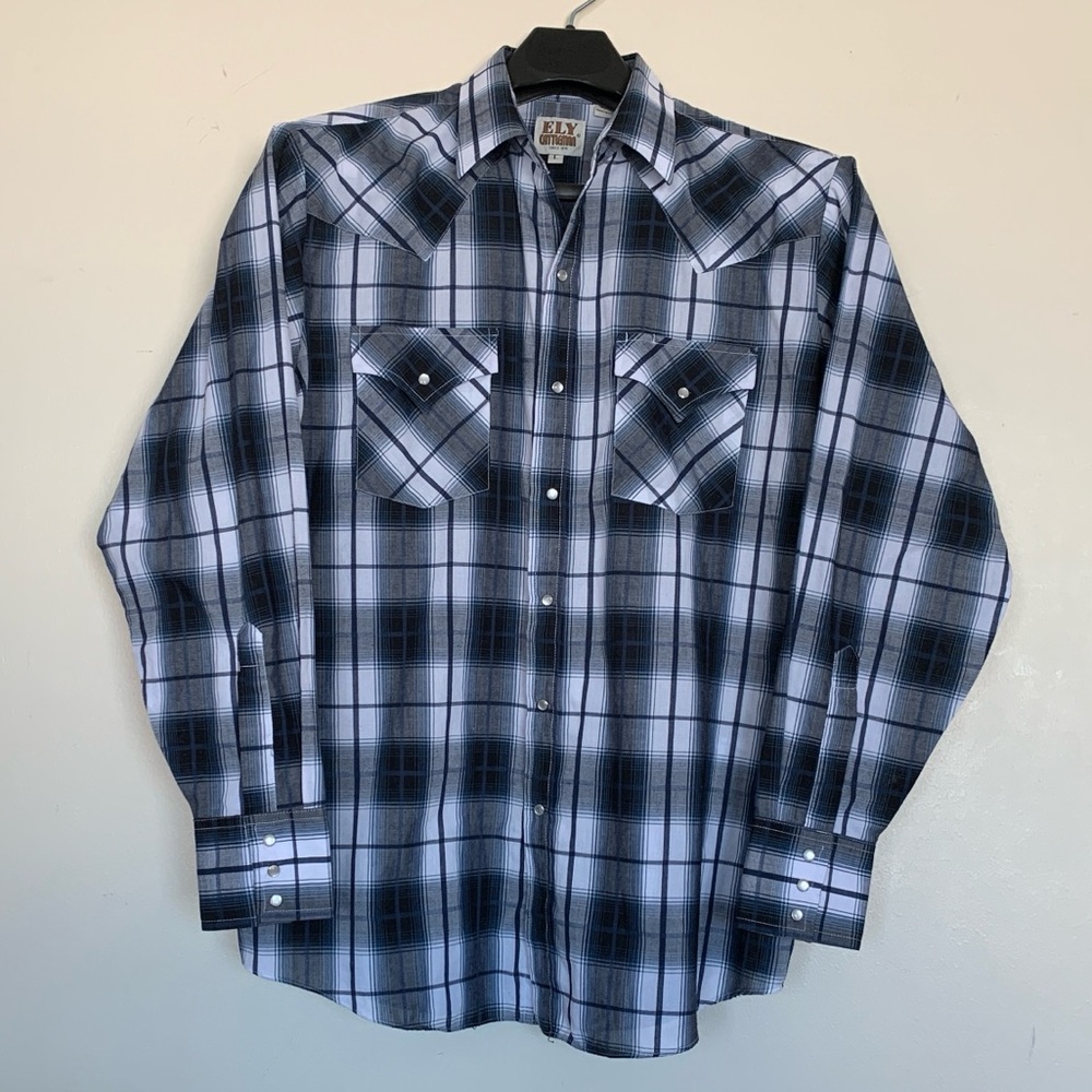 Ely Cattleman Pearl Snap Long Sleeve Western Men’s Black & Navy Plaid Shirt L